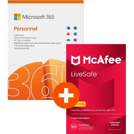 Pack Microsoft 365 Personnel - 1 utilisateur + McAfee LiveSafe - nombre d'appareils illimité - Abonnement 1 an - Téléchargement